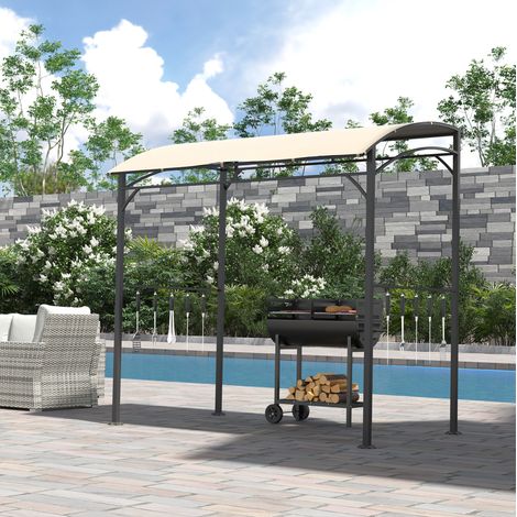 Pavillon barbecue de jardin avec toit courbé anti-UV, structure métal stable, 10 crochets et design aéré pour cuisine extérieure, beige 215 x 150 x 220 cm  CHICFURN (1/5)