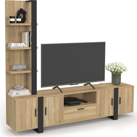 Idmarket – Meuble TV 200 cm noir et bois – 3 placards et étagère – Pieds massifs style industriel – Pour écran jusqu'à 70 pouces (1/5)