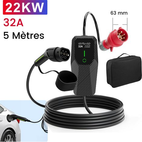 Hexinex Câble de recharge triphasé 32 A 22 kW type 2 pour véhicules électriques et hybrides rechargeables (PHEV) - Borne de recharge mobile de 5 m (1/5)