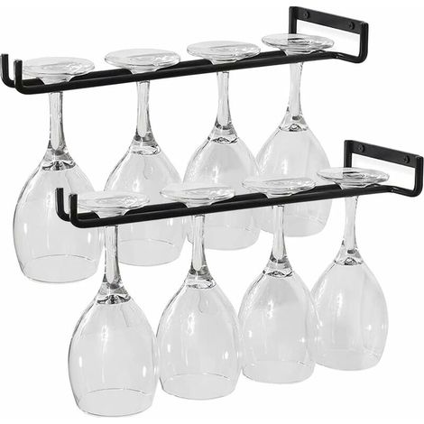 Wine Glass Holder, 2 PCS Wine Glass Holder Glass Holder with Screws, Hanging Durable Metal Wine Glass Holder Fits 4 Glasses for Kitchen, Bar, Restaurant, Black (1/5)