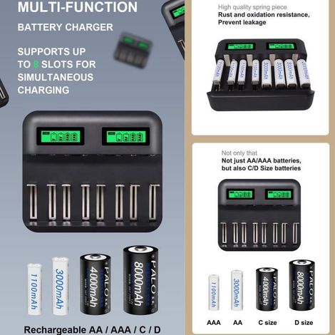 8 Slots Chargeur AA AAA Piles C D Batterie rechargeable, Chargeur de batterie USB intelligent multifonction LCD-Ywey (1/4)