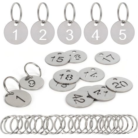 Étiquettes numérotées Irovami avec anneaux, porte-clés numérotés en acier inoxydable, étiquettes métalliques - de 1 à 40 (1/5)