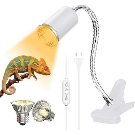 Wärmelampe für Schildkröten, Reptilien, Terrarien und Amphibien mit 2 E27 50W UVA/UVB-Lampen und 360° drehbarem Clip für Schildkröten, Schlangen, Echsen, Kakadus und Chamäleons (Weiß) (1/5)