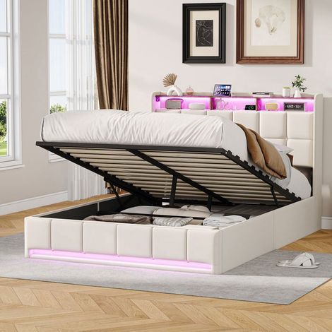 Bett mit Stauraum - Bett 140x200 cm - Integrierte LED - Beige Leinenstoff - Lattenrost inklusive