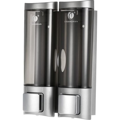Distributeur de savon double avec corps transparent, 2 sorties et porte-bouteille amovible, pour salle de bain et cuisine, montage mural, avec bandes de mousse double face et (1/5)