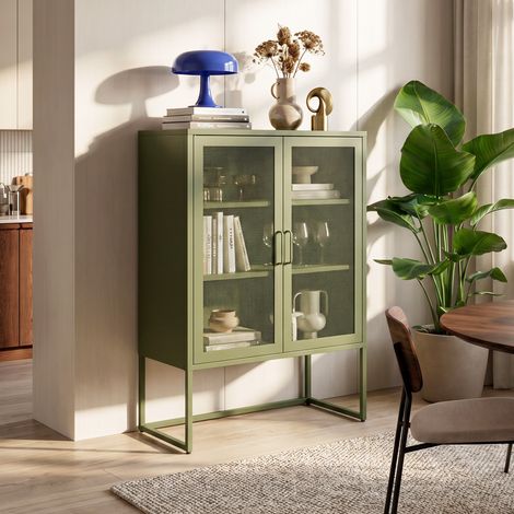 Buffet haut industriel en métal H.120cm 2 portes mesh grillagé vert olive - KAI (1/5)