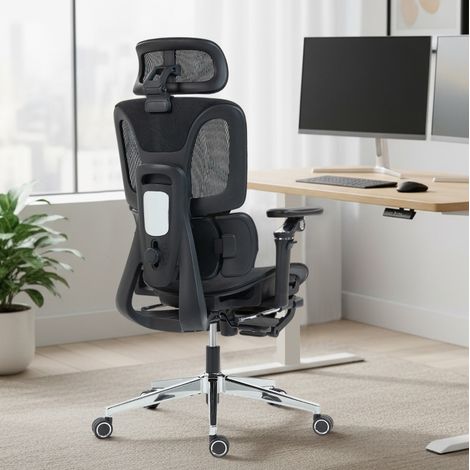 Silla ergonómica con reposabrazos 6D abatibles, reposapiés y malla negra OKWISH (1/5)