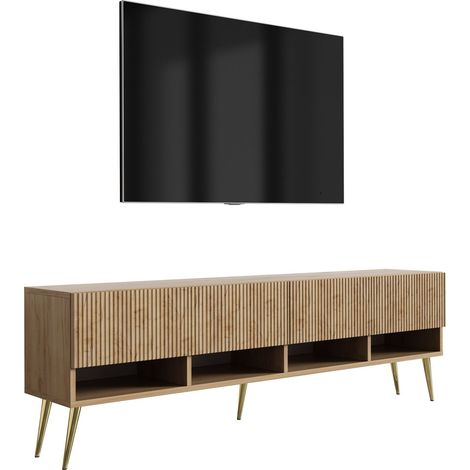 Mobile TV 170, frontali scanalati, Rovere Craft, gambe inclinate dorate, 170 × 32 × 52 cm (1/5)