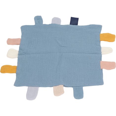 Une couverture douillette pour bébé, idéale pour apaiser l'anxiété. Fabriquée en coton doux, respirant et hypoallergénique, en bleu et noir. (1/5)