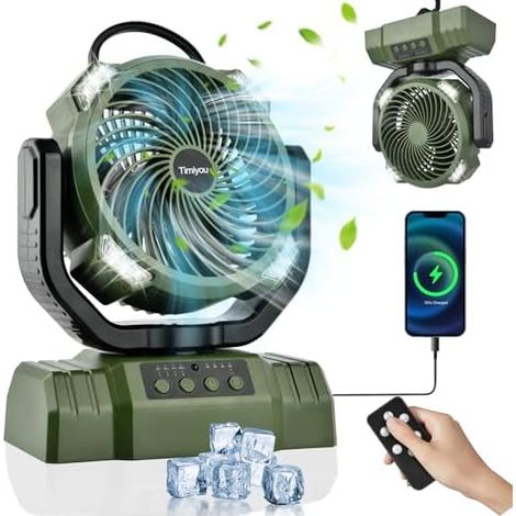 Camping Ventilator mit Akku 10000mAh, Tragbarer Ventilator Leise mit LED-Licht, 270° Rotieren Tischventilator mit Haken/USB-Aufladung, Zeltventilator für Outdoor Camping, Stromausfall, Angeln, Büro (1/5)