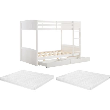 Letto a castello 2 x 120 x 200 cm - 2 cassetti - Abete e MDF - Bianco + Materasso - LIMODARA (1/5)