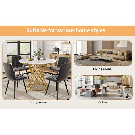 Set de table à manger (5 pièces), set de table à manger avec 4 chaises. Set de cuisine moderne : table à manger ronde, avec un diamètre de 80 cm. Pieds en métal doré. Plateau de table en MDF blanc. (1/5)