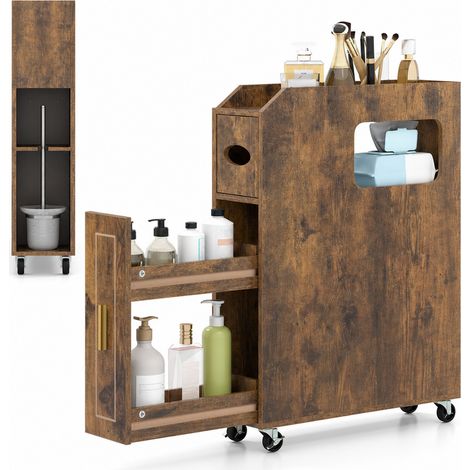 Meuble de Salle de Bain Étroit sur Roulettes 50x16x69 cm Chariot de Rangement Roulant pour Toilettes avec Porte-Papier, Porte-Brosse (1/5)