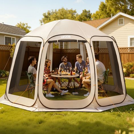 Tente Moustiquaire Pop Up 366x338x230 cm Abri Moustiquaire Pliant 10-12 Personnes Tente Portable pour Jardin Terrasse Cour Activités Plein Air, avec Sac de Transport, Piquets de Fixation, Beige (1/5)