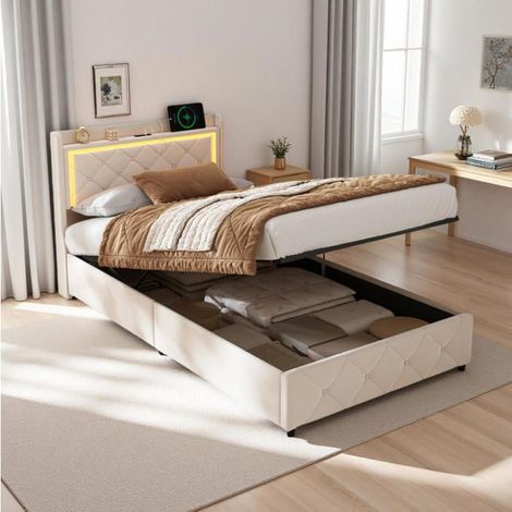 Bett 90x200 cm - TANANT - Beige - Kopfteil mit LED - Integrierter Stauraum - Modernes Design