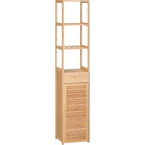 Armario de baño de bambú con cajón y 3 estantes abiertos 32 x 30 x 163 cm (1/5)