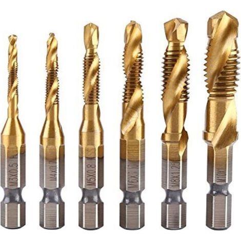 Lot de 6 tarauds filetés M3-M10 – Revêtement titane – Queue hexagonale 1/4 po – Compatible métal et bois (1/4)