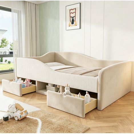 Lit enfant 90x190 cm beige en velours avec barrières et 2 tiroirs (1/5)