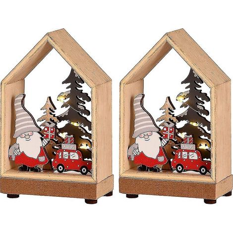 Lot de 2 guirlandes lumineuses LED en bois représentant une maison de Noël, le Père Noël, un bonhomme de neige et un renne. Mini-maison suspendue en bois. (1/5)