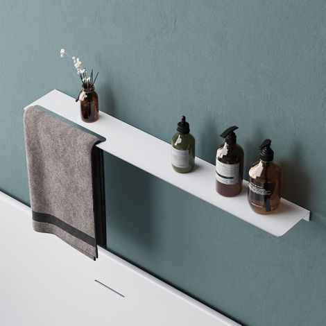 Mai & Mai Mensola da Parete Multifunzionale 80cm, Mensola per Doccia in Alluminio con Portasciugamani Mensola da Appendere per Bagno e Cucina, Bianco Opaco, Reglo-06