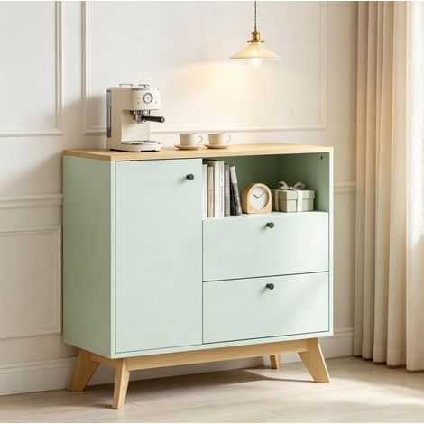 Credenza Buffet 80x35x76.3 cm, con armadietto, 2 cassetti e vano aperto, MDF, verde chiaro e rovere (1/5)