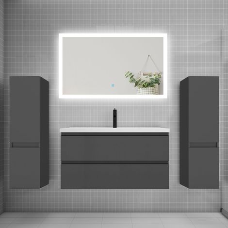 Ensemble meuble de salle de bains 100cm, simple vasque + colonne + miroir rectangulaire,anthracite (1/5)