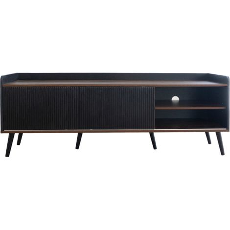 Meuble TV noir bois 160x40x58cm 2 tiroirs 2 portes coulissantes texture unique (1/5)