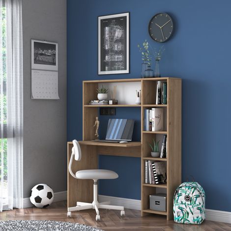 Cotecosy – Bureau droit avec rangement 6 niches 113,2x40x141,8 cm – Panneaux mélaminés décor chêne – Poids max 35 kg – Livré prêt à monter (1/10)