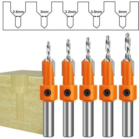 Bardusch-5PCS Jeu de Foret Fraise, 8mm Forets Fraisés à Chanfreiner Remplaçable, Chanfrein Compteur Réglable (diamètre 2.8/3/3.2/3.5/4mm)