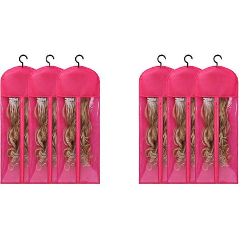 Set aus 6 extra langen Perückenaufhängern und Aufbewahrungsbeuteln, staub- und wasserabweisend, speziell für Perücken entwickelt, rosarote Farbe. (1/5)