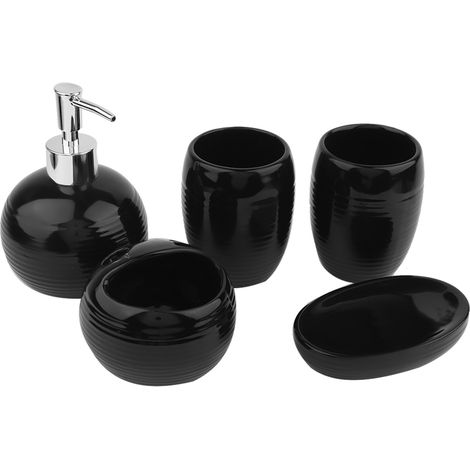 Juego de 5 accesorios de baño de cerámica en color negro: portacepillos de dientes, dispensador de jabón y vaso. (1/5)