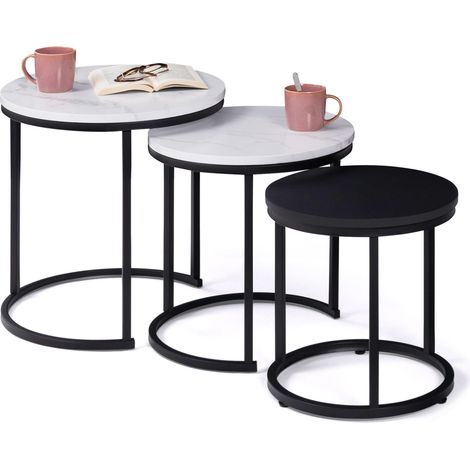 Set di 3 tavolini rotondi 35/40/45 effetto marmo e legno nero, base in metallo ALASKA (1/5)