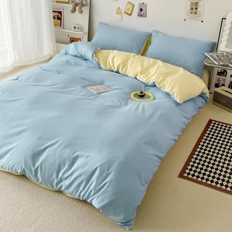 Housse de Couette 220x240 cm + Drap Housse 230x250cm avec 2 Taie d'oreiller 48x74cm,Parure de Lit Bicolore Fermeture Éclair,Style M (1/4)