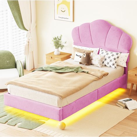 Bett 90x200 cm modern gepolstert in Rosa mit Wolken-Kopfteil, LED-Beleuchtung und Lattenrost (1/5)