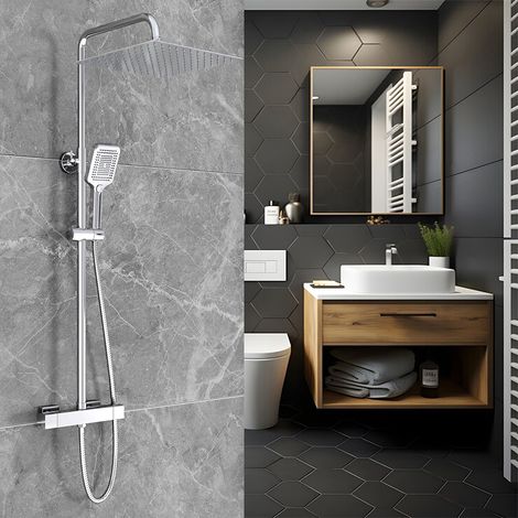 Colonna doccia con miscelatore termostatico cromo, Set doccia con soffione a pioggia 30x30 cm, doccetta a 3 funzioni in silicone, asta doccia acciaio inox regolabile 75-120 cm