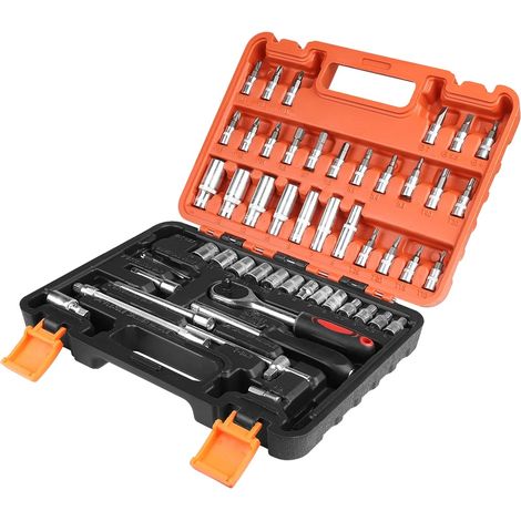 Jeu de clés à cliquet, ensemble d'outils combinés, construction en métal durable, ROUGE ORANGE, 53Pcs (1/2)