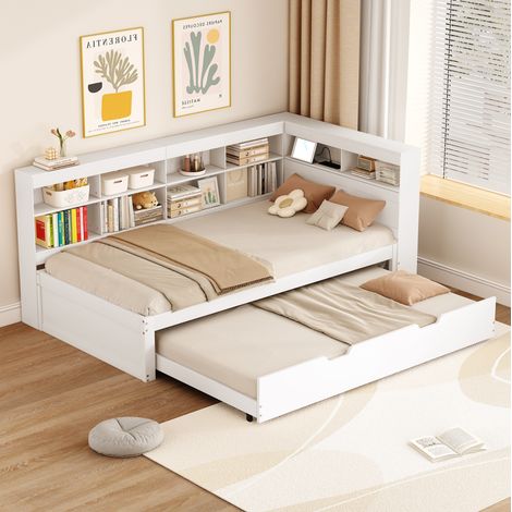 Lit gigogne 90x200 cm avec USB et rangements, blanc, structure en bois, sans matelas FloraGrace (1/5)