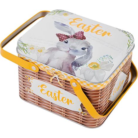 Boîte de rangement portable en fer-blanc pour biscuits de Pâques, avec 2 poignées, récipient vide pour conserver biscuits et bonbons pour les fêtes et célébrations de Pâques. (1/5)