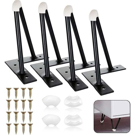 4 Pièces Pieds De Lit, La Vane Pieds De Table En Métal Avec Vis & Protecture De Plancher Pour DIY Meuble Sofa Fauteuil Canapé Chaise 15cm ,Pied de Meuble Metal Charge Jusqu'à 400 KG,Noir (1/5)