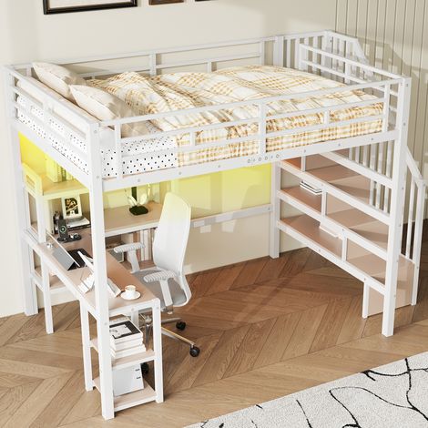 REDOM Letto a soppalco 140x200 cm con scala, scrivania integrata, vani portaoggetti e LED, MDF e metallo bianco, senza materasso