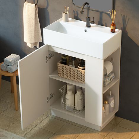 Meuble vasque sur pied de 55 cm avec aspect bois rainuré, vasque en céramique de haute qualité, porte-papier toilette amovible et espace de rangement bien conçu – sans robinetterie, blanc (1/4)