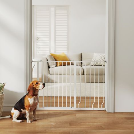 Hunde-Absperrgitter, Klemmmontage, verstellbare Länge, Stahl/ABS, 75-115 x 76cm, Weiß