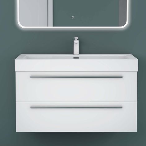 Mai & Mai Meuble de Salle de Bain Blanc Mat 100cm Meuble sous Vasque Quadratto Meuble Suspendu avec Vasque (1/5)