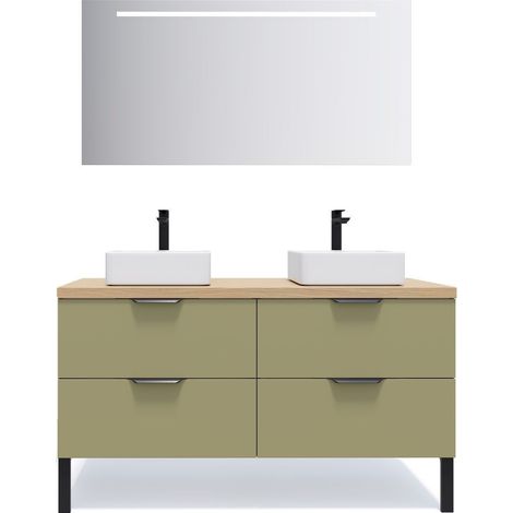 Meuble de salle de bain suspendu 2 vasques à poser 140cm 4 tiroirs Vert olive + miroir - Soho (1/5)