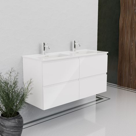 Inda - Badezimmerschrank B.120 mit Doppelwaschbecken, Hochglanz/Hochglanzweiß, 4 Schubladen - Rubin (1/5)