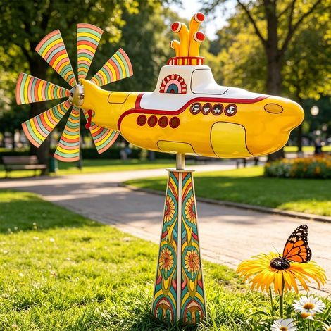 Mulino a vento sottomarino giallo – Scultura cinetica del vento con pale rotanti – per giardino, prato, aiuola o balcone (Giallo) (1/5)