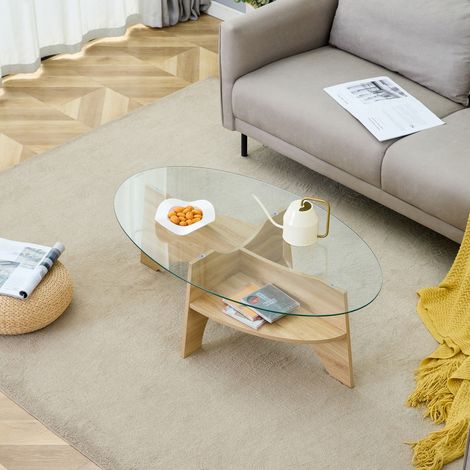 Table basse ovale verre sécurité 104,9x60x35,6 cm, design diagonal clair, rangement intégré, multifonction pour salle à manger