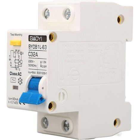 Disjoncteur différentiel (1P+N), 30 mA, type : mini-disjoncteur CA, 230 V, 32 A