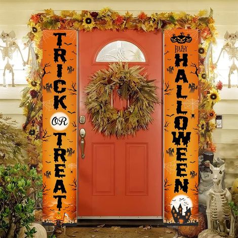 Bannière de bienvenue d'Halloween en forme de citrouille – Panneau « Des bonbons ou un sort » pour la décoration de porte d'entrée intérieure/extérieure (1/5)