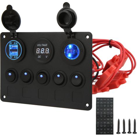 Panneau d'interrupteurs à bascule 12/24 V, interrupteur rond à 5 positions, chargeur de voiture double USB, protection contre la surchauffe, utilisation sur bateau (1/5)